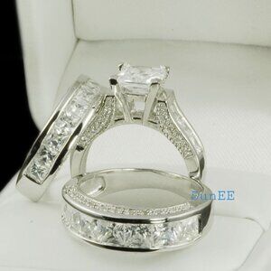 NEW STERLING SILVER HIS HERS PRINCESS DIAMOND WEDDING RINGS ENGAGEMENT R…